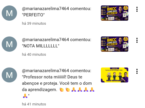 Captura de tela de comentário espontâneo de aluno do Memorizando a Pedagogia, depoimento 1