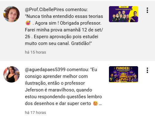 Captura de tela de comentário espontâneo de aluno do Memorizando a Pedagogia, depoimento 3