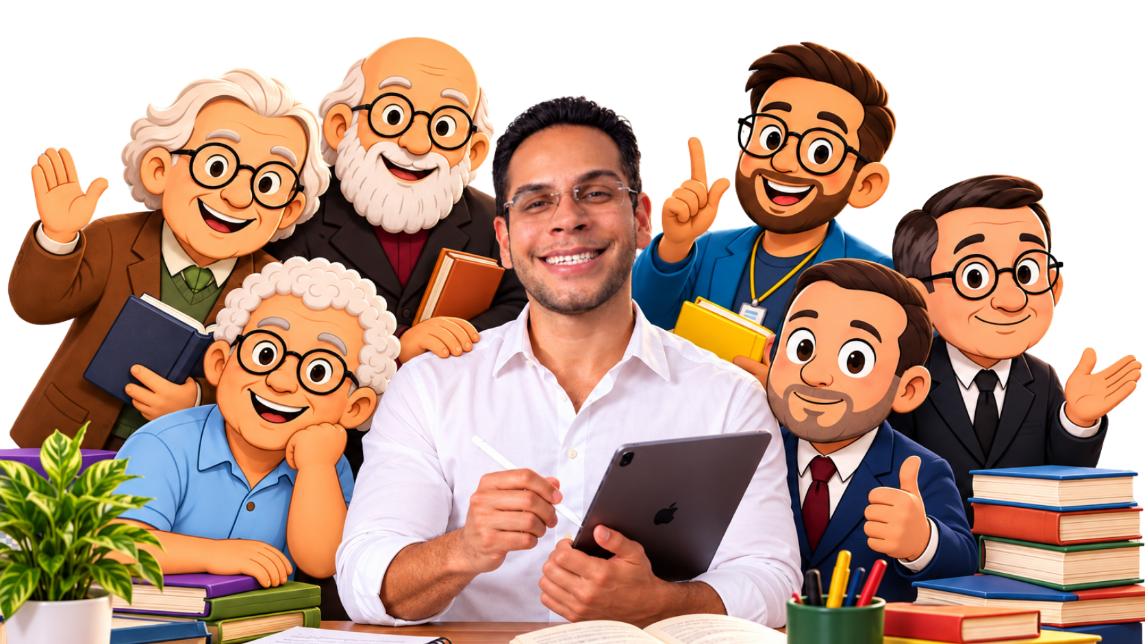 Professor Jeferson com os personagens do Memorizando a Pedagogia