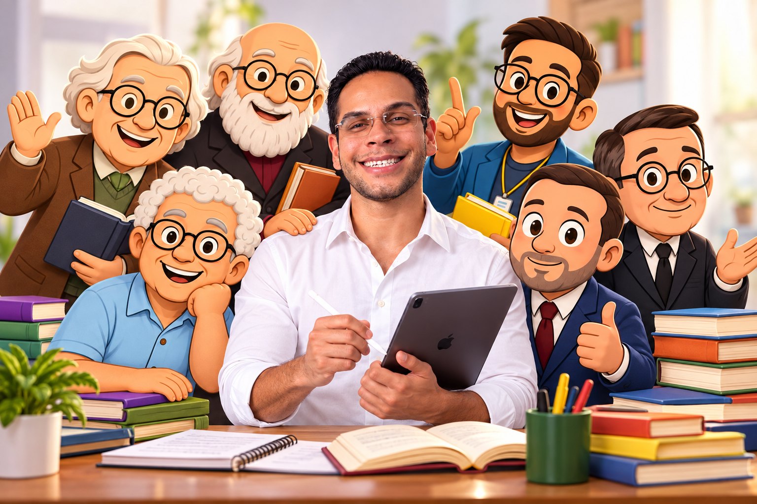 Professor Jeferson com os personagens do Memorizando a Pedagogia